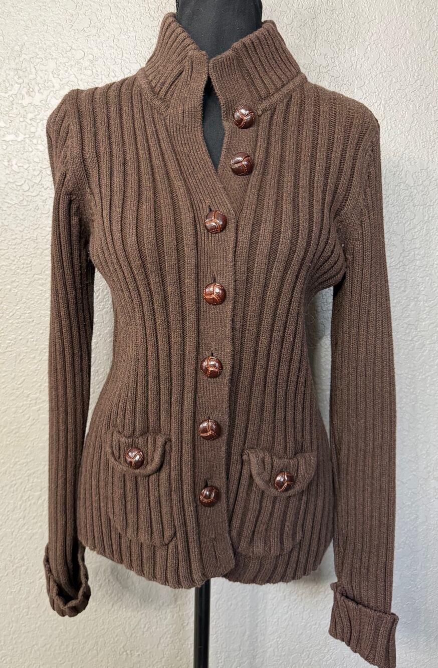 Eight Eight Eight Womens Sz M Brown Mock Neck Leather Button Cardigan Sweater